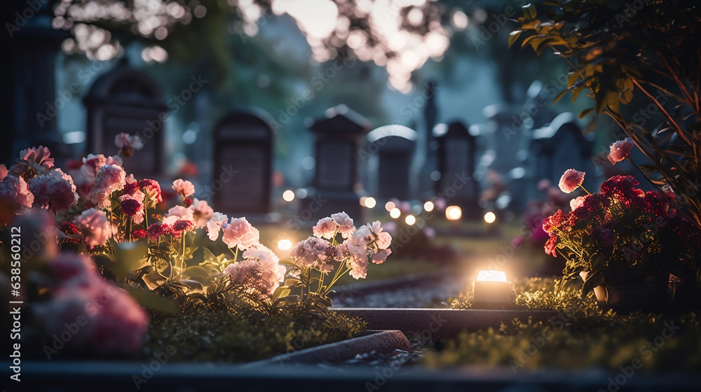 Obraz na płótnie Płyty nagrobkowe na cmentarzu katolickim udekorowane kwiatami w Dzień Zaduszny w salonie