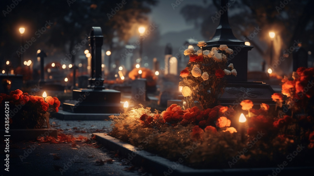 Obraz na płótnie Czas modlitwy za zmarłych na cmentarzu w noc Wszystkich Świętych 1 listopada w salonie