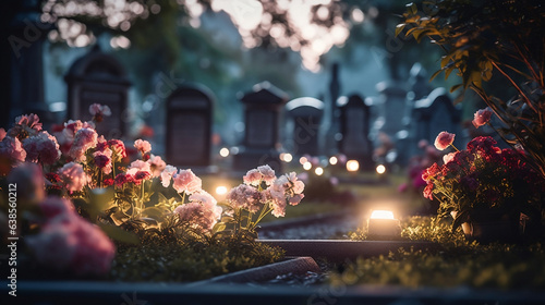 Płyty nagrobkowe na cmentarzu katolickim udekorowane kwiatami w Dzień Zaduszny