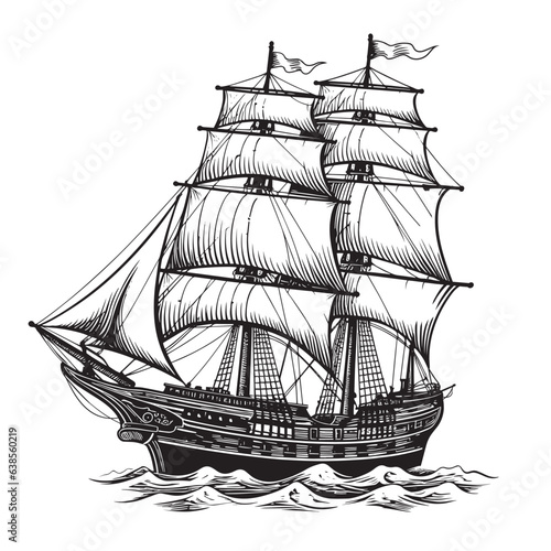An old sailing ship on the sea waves. Vector drawing isolated on white background.