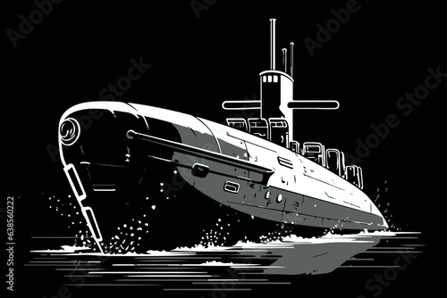 Submarine at sea. Vector drawing isolated on black background.