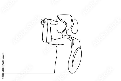 young woman looking at nature through binoculars with backpack lifestyle line art design