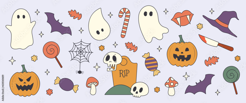 Happy Halloween day 70s groovy vector. Collection of ghost characters, doodle smile face, skull, pumpkin, bat, sickle, candy, knife, grave. Cute retro groovy hippie design for decorative, sticker