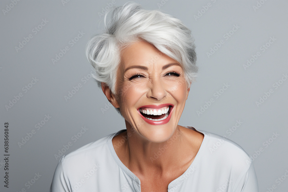 Generative AI portrait of senior charming female model smiling overjoyed and satisfied Generative AI portrait of senior charming female model smiling overjoyed and satisfied