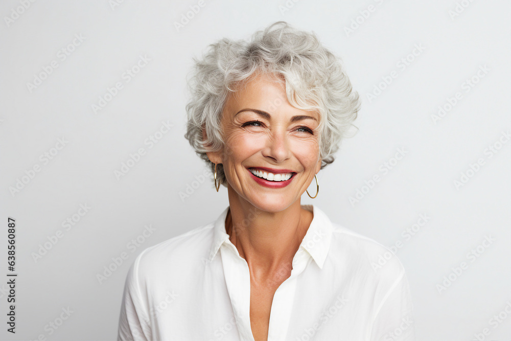 Generative IA technology illustration amazing aged woman happily smiling casual clothes