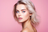 Generative IA picture of young girl natural beauty spa salon concept over pink pastel color background