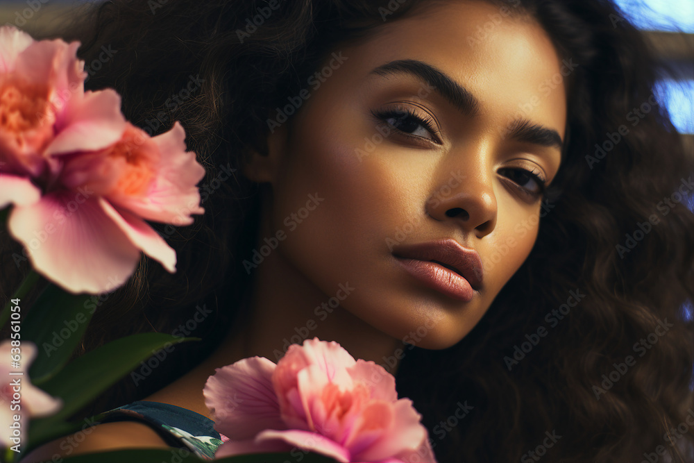 Generative AI image of gorgeous girl enjoying spring season fresh smell of exotic flowers Generative AI image of gorgeous girl enjoying spring season fresh smell of exotic flowers