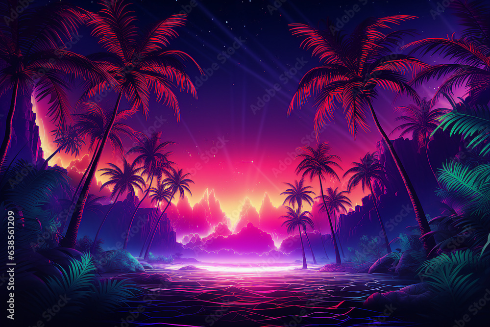 Generative ai collage image picture of mysterious jungle with neon bright vivid lights under night sky