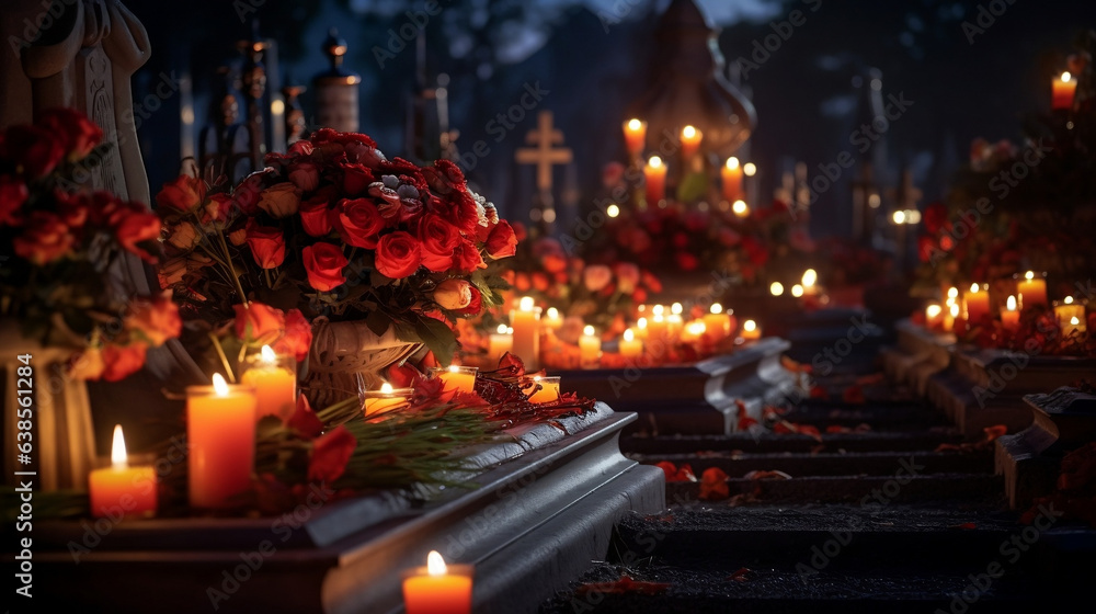 Róże i świece na grobach zmarłych na cmentarzu nocą we Wszystkich Świętych