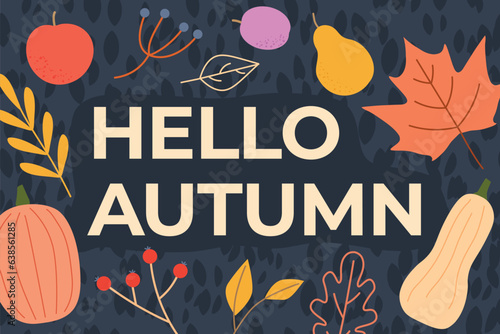 hello autumn text and pumpkin, leaves, apple, pear, plum and others autumn related icons- vector illustration