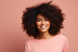 Generative AI portrait of young beautiful brunette woman with volume afro hair styling over pink backdrop