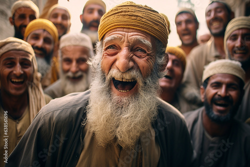 Generative AI picture of many elderly men celebrating a traditional national holiday in the city center