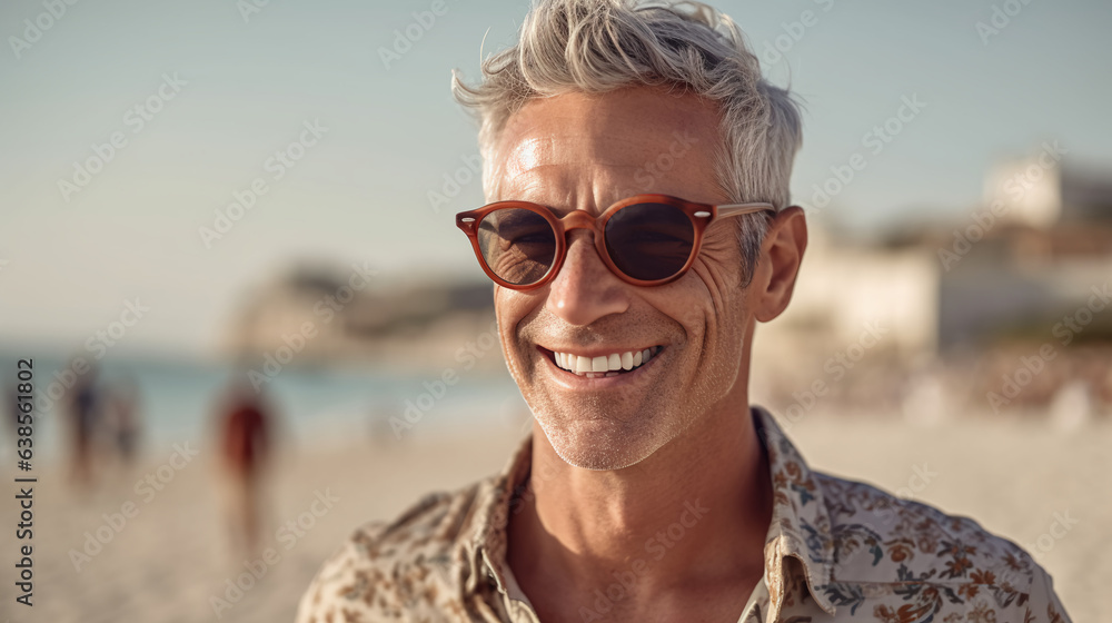 a man embracing the coastal allure his sunglasses adding a touch of a man embracing the coastal allure his sunglasses adding a touch of