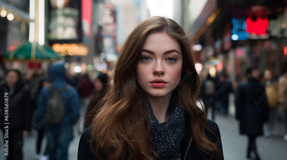 a confident young woman walking down a bustling urban street her makeup accentuating her features against the backdrop of city life. 