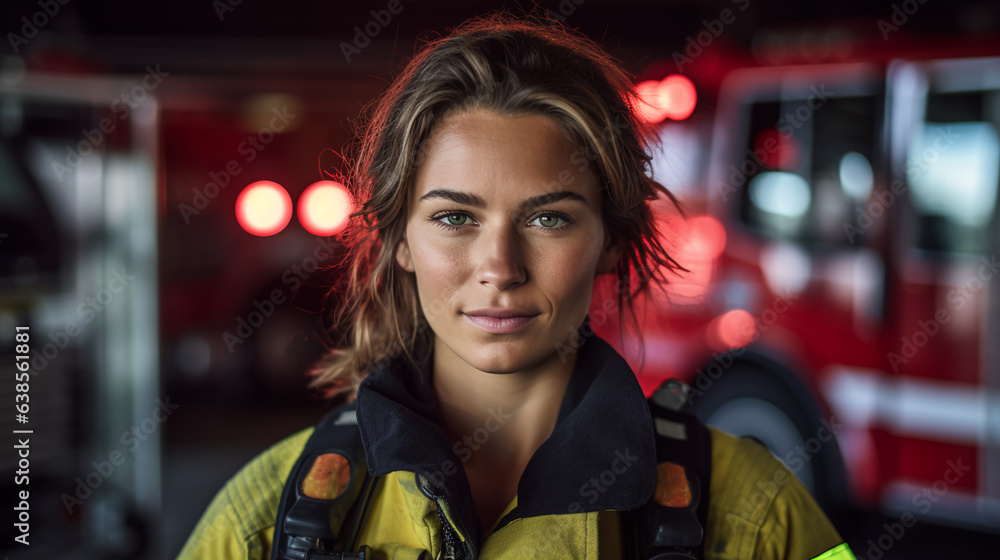 a dedicated female firefighter in her gear standing confidently in front of a fire truck ready to respond to emergencies