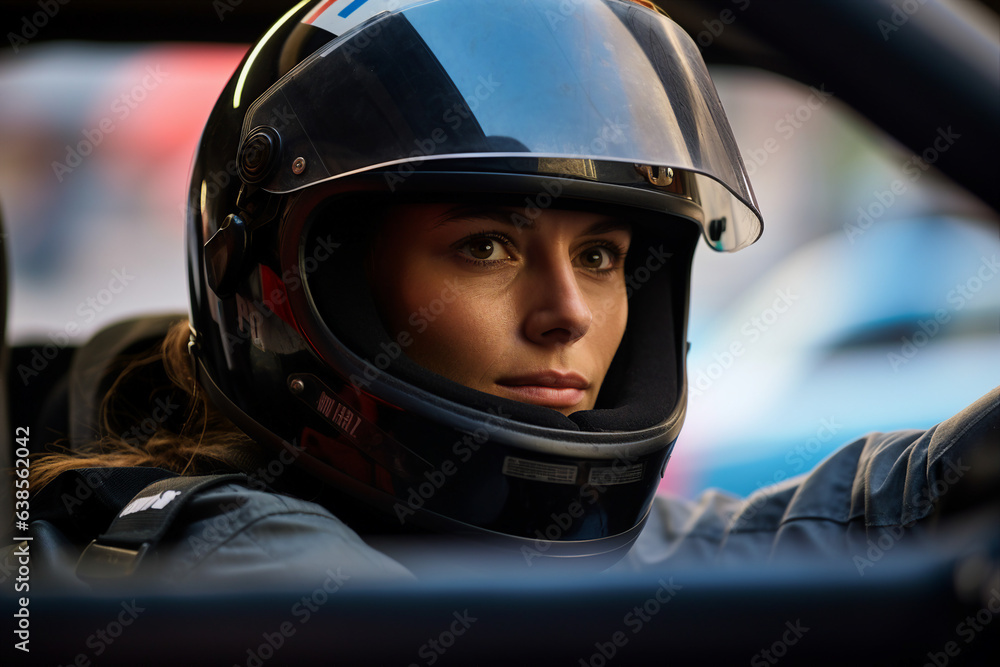 Generative AI digital portrait of a professional sports car racer in a helmet driving auto on the track Generative AI digital portrait of a professional sports car racer in a helmet driving auto on the track