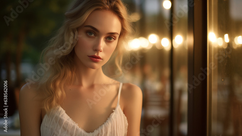 a graceful lady her makeup embracing soft and ethereal tones that perfectly complement her gentle demeanor as she gets ready to attend a serene outdoor gathering under the stars. 