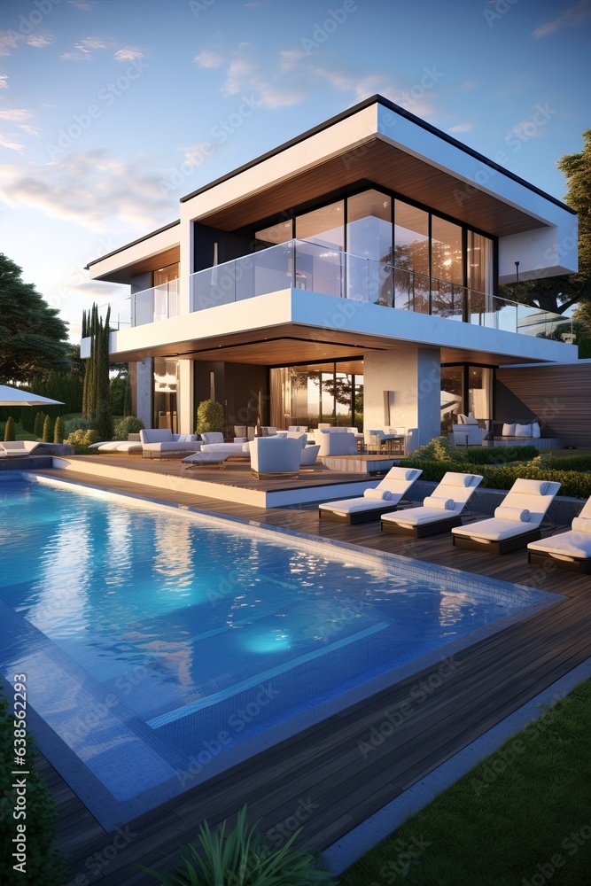 Ultra Luxurious Exterior Design of a Tropical Modern Villa with a Relax Zone and a Pool.
