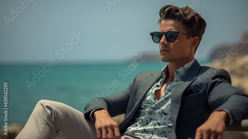 a suave gentleman relaxing by the shoreline wearing chic sunglasses that add an air of mystery. His relaxed pose and the azure sea form a captivating contrast. 