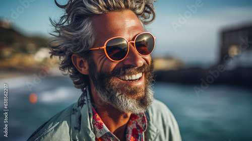 a man with a carefree spirit his sunglasses capturing the vivid colors of the beach around him. His infectious laughter and relaxed posture mirror the joyous atmosphere of the coastal 