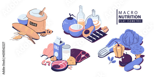 Set of healthy macronutrients. Fiber or cellulose, proteins, fats and carbs or carbohydrates presented by food products. Flat vector illustration of nutrition categories isolated on white background