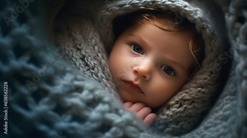 a baby wrapped snugly in a soft hand-knitted blanket lost in a world of dreams as they rest peacefully. 