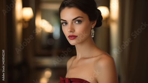 an elegant woman her makeup emphasizing timeless beauty with classic red lips and gracefully lined eyes radiating sophistication as she prepares to attend a formal soirée. 