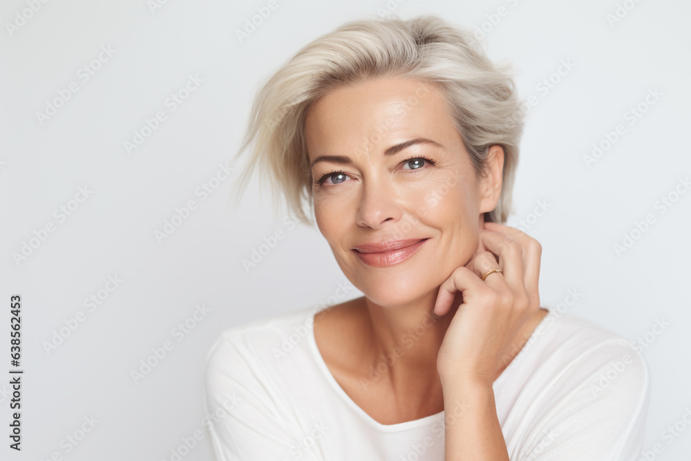 Gorgeous mid aged woman touching her cheek, natural light, skincare advertisement, on a white background, cosmetology concept Gorgeous mid aged woman touching her cheek, natural light, skincare advertisement, on a white background, cosmetology concept