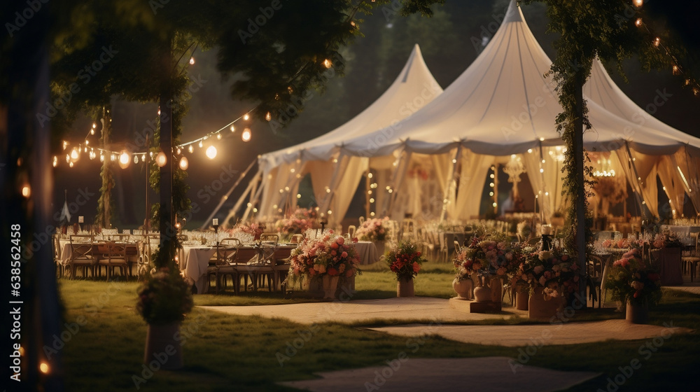 Wesele w plenerze nocą - sala weselna pod namiotami w ogrodzie w plenerze. Girlandy i stoły udekorowane kwiatami
