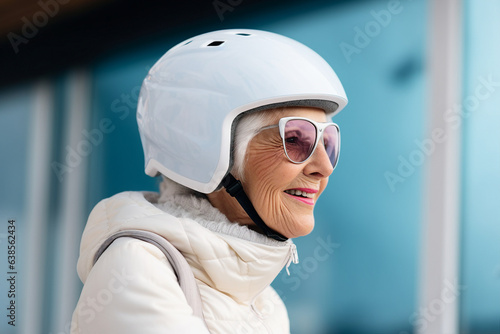 Generative AI picture of happy sporty old lady in protective helmet riding bike scooter motorbike walking in park enjoying the moment outdoors