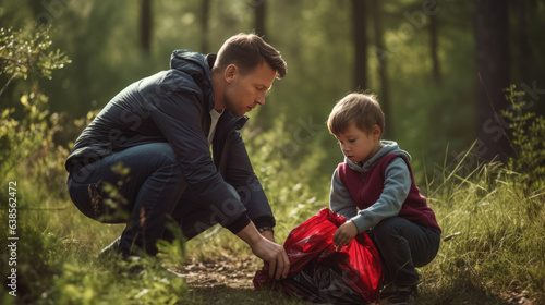 Father and son clear the forest of garbage by collecting it in bags © MP Studio