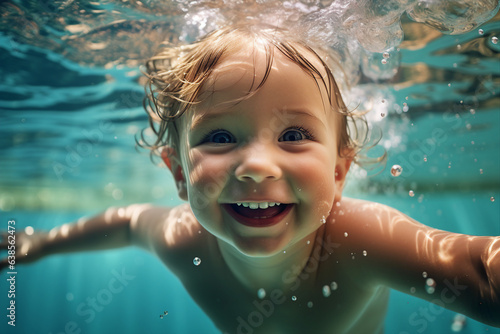 Portrait of happy girl boy having fun swimming pool under water enjoying summer holidays in aqua park center generative AI © deagreez