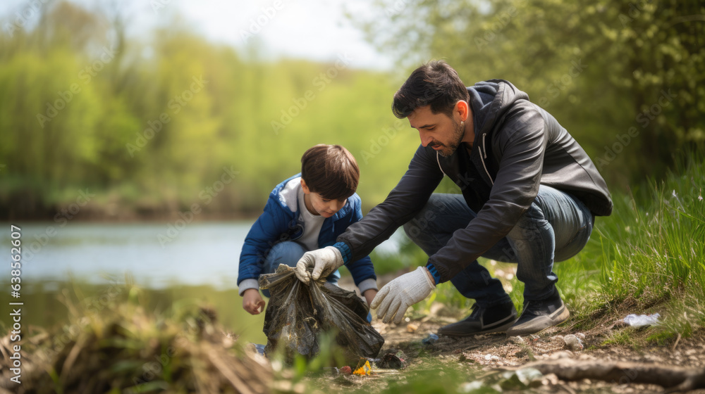 Father and son clear the forest of garbage by collecting it in bags Father and son clear the forest of garbage by collecting it in bags