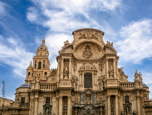 Baroque facade of the monumental Cathedral of Santa Maria, Murcia, Spain.