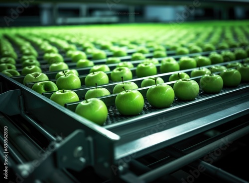 Apples are sorted on a conveyor belt in a fruit at a factory