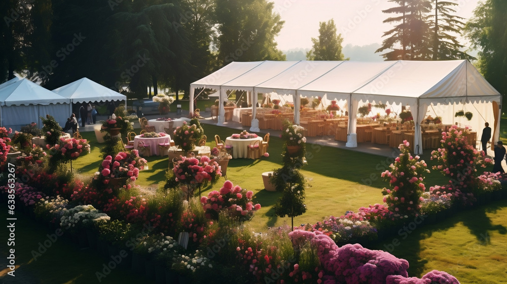 Ogród w kwiatach przygotowany na wesele z białym namiotem i stołami - ślub w plenerze - obrazy, fototapety, plakaty 