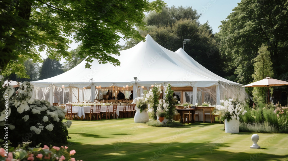 Naklejka premium Przyjęcie weselne w ogrodzie pod białymi namiotami - nakryte stoły i dekoracje kwiatowe przygotowane na ślub