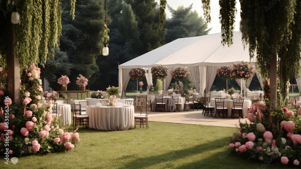 Fototapeta premium Piękny ogród przygotowany na przyjęcie weselne - ślub w ogrodzie pod namiotem, nakryte stoliki pośród drzew i natury