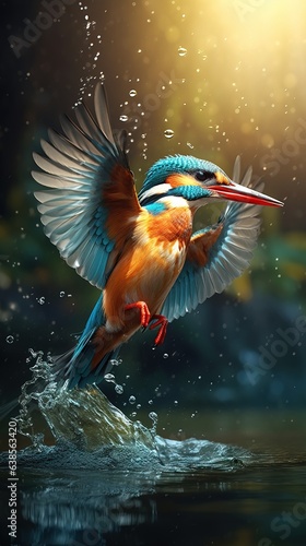 A Cinematic shot of a Kingfisher Catching fish. Professional Shot, Hunting. Water Splashing. © Boss
