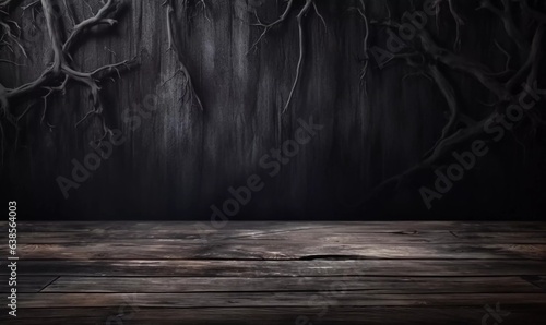Creepy Halloween background with empty wooden boards, dark horror background. Holiday theme, copy space for text. Ideal for product placement, AI generator