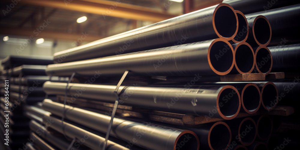 a stack of steel pipes in a warehouse or factory. a stack of steel pipes in a warehouse or factory.