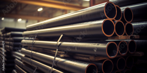 a stack of steel pipes in a warehouse or factory. 