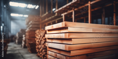 stack of wooden boards in a warehouse or factory.   photo
