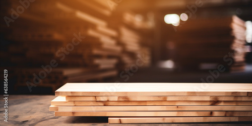 stack of wooden boards in a warehouse or factory. 