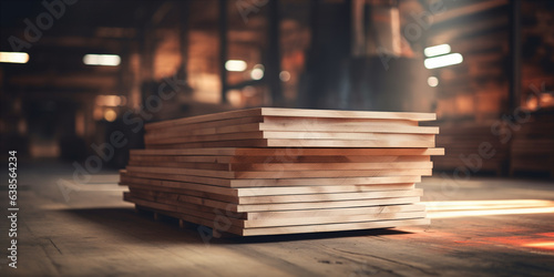 stack of wooden boards in a warehouse or factory.   photo