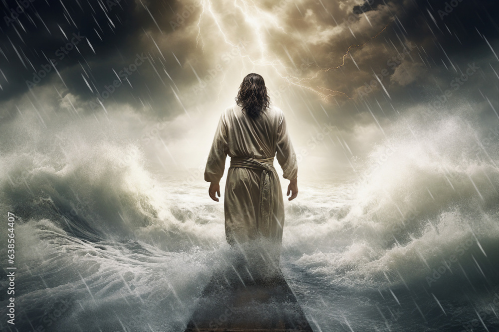 Obraz premium Figure of Jesus walks on water separate waters beautiful dramatic sunset generative ai picture