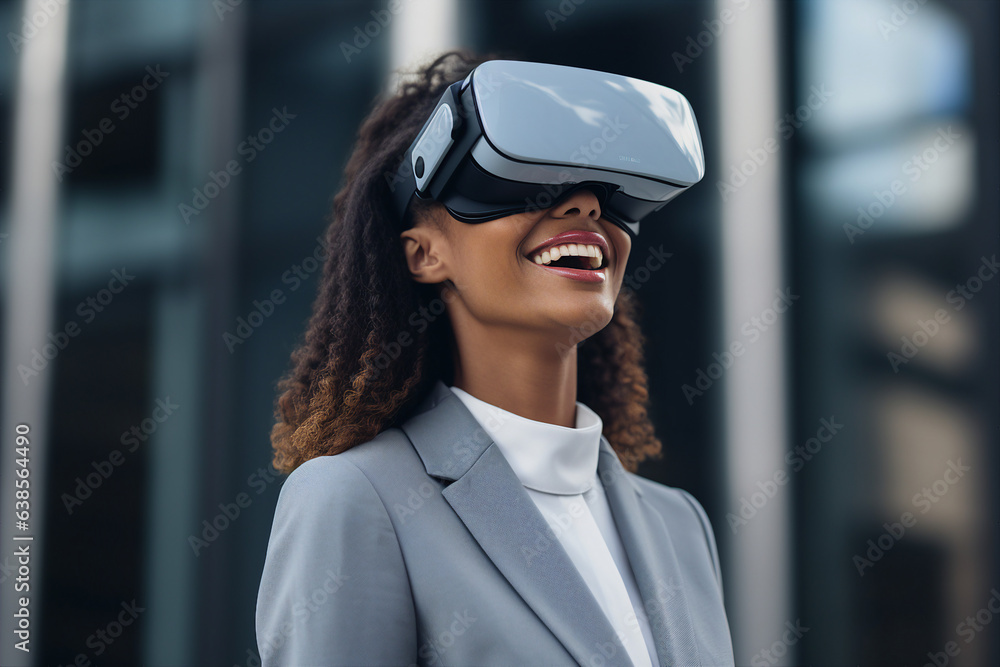 Generative ai collage photo of manager person using vr box gadget device for work Generative ai collage photo of manager person using vr box gadget device for work