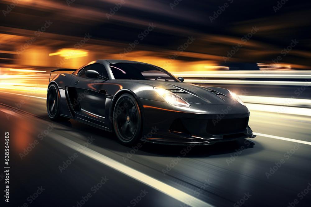Image generative ai powerful acceleration of futuristic sports supercar on neon night highway track with colorful lights and trails