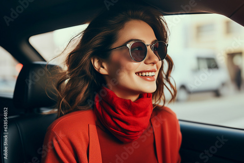 Generative AI photography of beautiful girl sitting inside car enjoying comfort trip sunny day © Tetiana