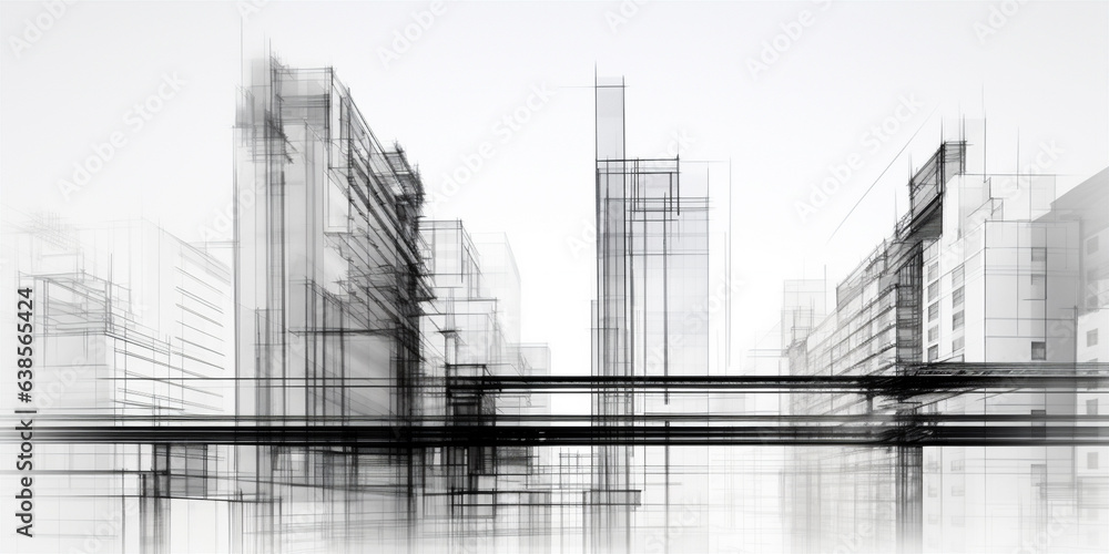 sketch drawing of live wire frame abstract exterior high skyscrapers.  